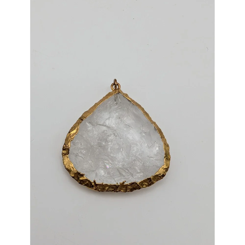 Unsigned Raw Clear Quartz Crystal Slice Pendant Gold Tone Edge Boho Statement